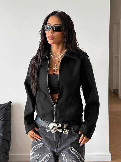 StreetHx Áo khoác ngắn đơn giản, màu trơn, có khóa kéo, mặc đi làm hàng ngày cho nữ, mùa thu