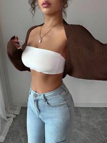 Rafferiza 休闲纯色短款开衫，秋季 - 咖啡棕 - 查看 4