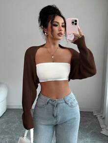 Rafferiza 休闲纯色短款开衫，秋季 - 咖啡棕 - 查看 7