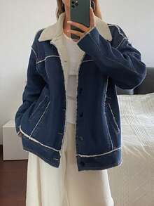 Livesso Damen lässige, weite Denim Jacke mit Umlegekragen, Herbst - Blau - Übersicht 3