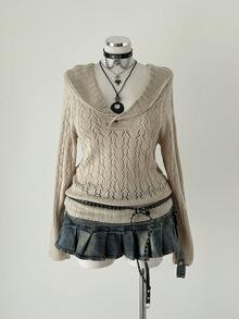 大码休闲纯色镂空针织毛衣 - 杏色 - 查看 2