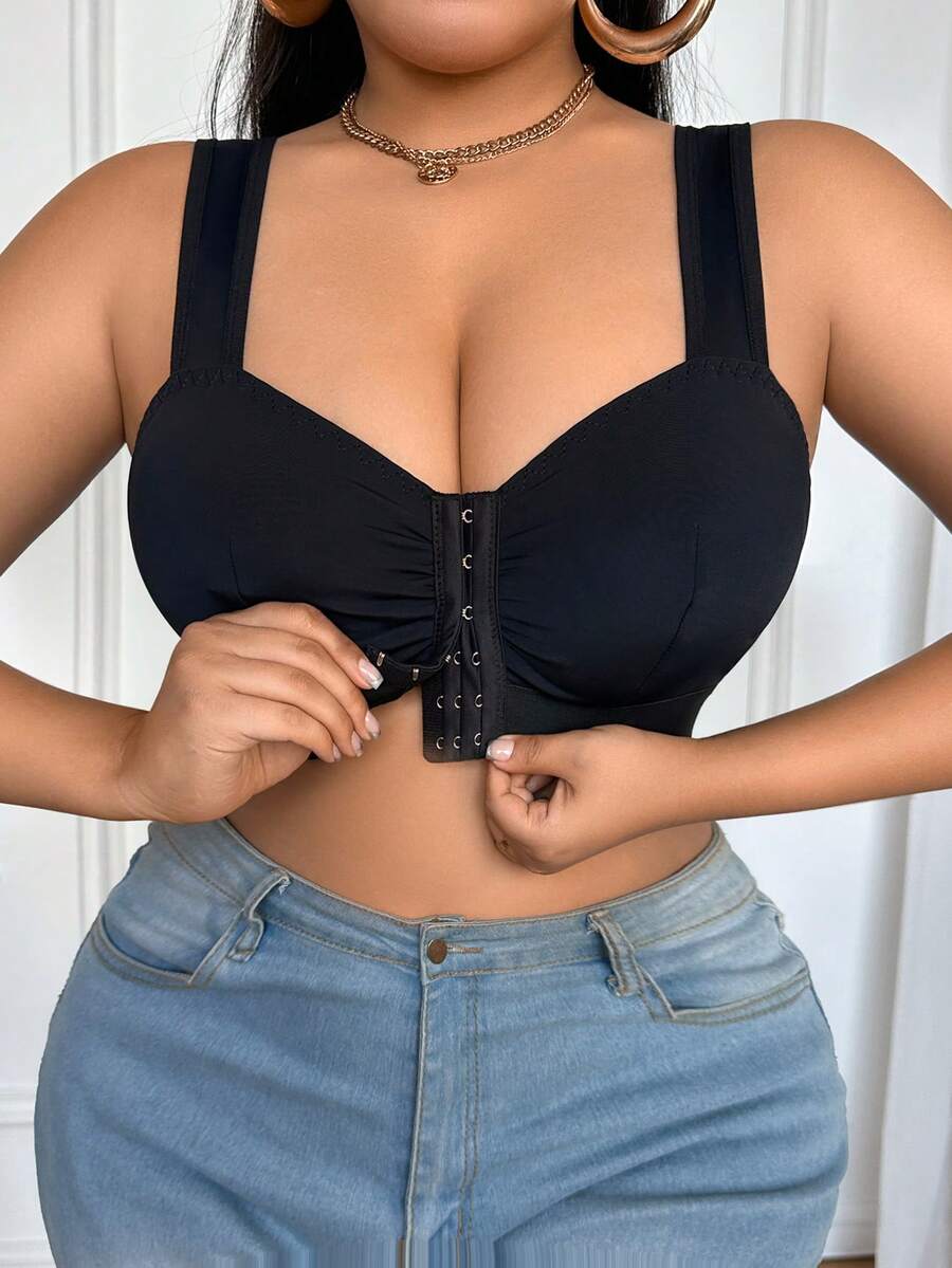 Plus Size Ruched Front Closure Wide Strap Bra - Black - View 1
