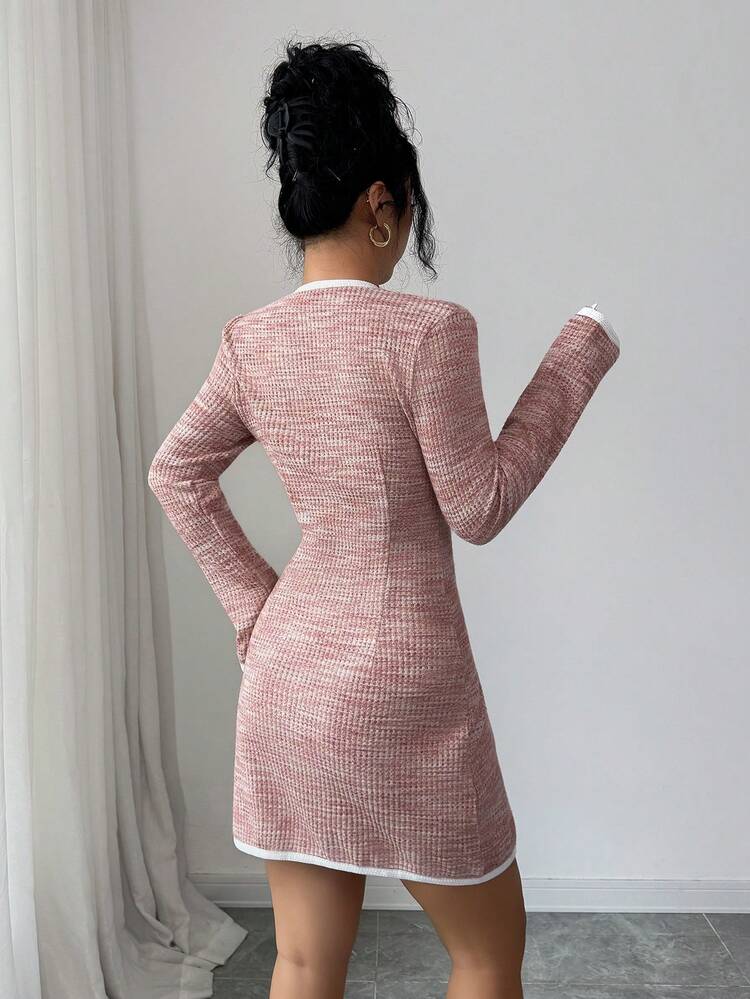 Women's Elegant Contrast Color Patchwork Faux Pocket Round Neck Short Dress, Autumn