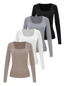 EMERY ROSE Women's Solid Color Slim Fit Crew Neck Long Sleeve T-Shirt, Autumn - Multicolor - View 4