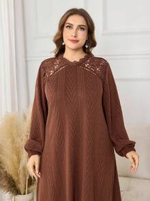 Lacomfia Plus Size Elegant Long Knit Dress With Lace Hollow-Out Shoulder And Lantern Sleeves, Deep Brown - Coffee Brown - View 6