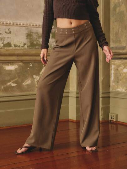 Aralina Women's Casual Elegant Low Waist Eyelet Waistband Pants Perfect For Christmas Party And Thanksgiving And New Years Women