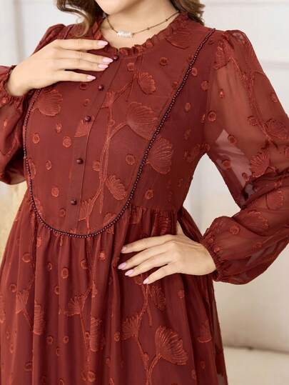 Lacomfia Brown Embroidered Mesh Long Sleeve Dress, Vintage Elegant Casual A-Line Dress, Plus Size