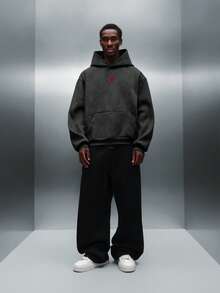 PLAYBOY X SUMWON Mens Essential Washed Effect Overhead Hoodie Pullover Regular Fit Drawstring Hooded Sweatshirt Fall Winter Casual - Black - View 4