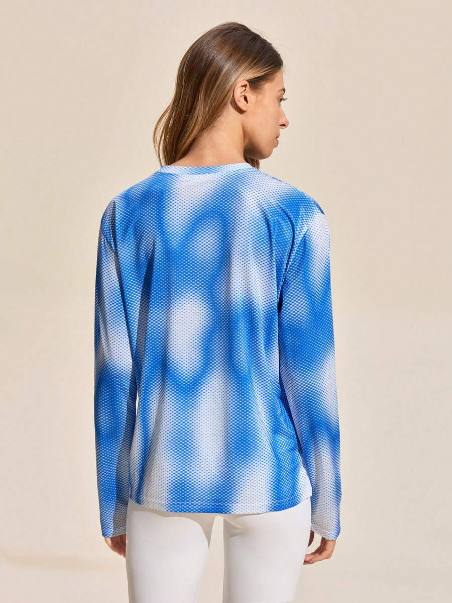 Exploreva Women's Outdoor Casual Full Print Round Neck Long Sleeve T-Shirt, Autumn - Blue - View 1