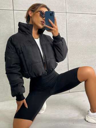 Schräge Tasche Reißverschluss Drop Shoulder Crop Gepolstert Gepolstert Mantel Kleidung Winter