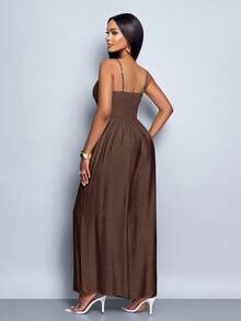 SOLERSUN 女士垂褶前襟垂褶领系带露背阔腿吊带连体裤，适合日常穿着和度假 - 咖啡棕 - 查看 2