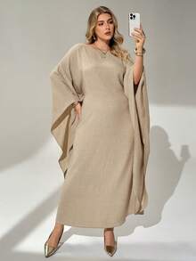 Auralis 大码女装春秋时尚优雅宽松舒适日常修身腰带杏色披肩长裙，保守连衣裙，春季服装，休闲长裙，Jalabiya - 卡其色 - 查看 2