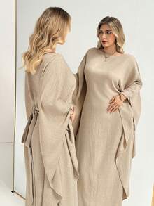 Auralis 大码女装春秋时尚优雅宽松舒适日常修身腰带杏色披肩长裙，保守连衣裙，春季服装，休闲长裙，Jalabiya - 卡其色 - 查看 7