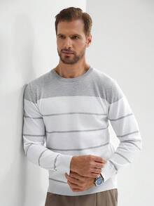 Manfinity Mode Men Striped Pattern Sweater Round Neck Long Sleeve Pullover Color Block White Business Casual Sweater For Husband, For Fall Winter - White - View 5