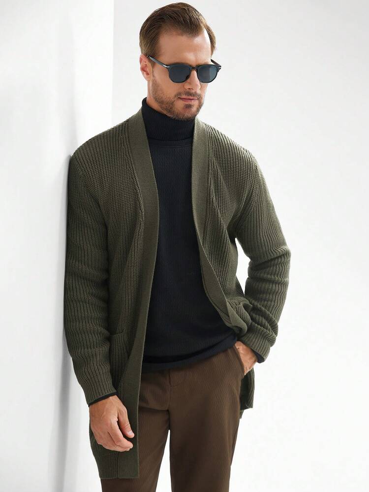 Manfinity Mode Loose Fit Men's Solid Ribbed Knit Duster Cardigan, Long Sleeve Top - Army Green - View 3