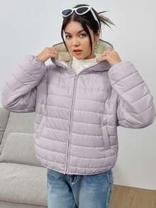 SHEIN 少女基础款灰色面料保暖绗缝短款连帽外套，冬季