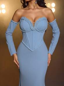 Glamrae 优雅、浪漫、奢华、时尚、魅力四射、石板蓝、亮片面料、鱼尾裙摆、拖尾，适合度假、婚礼、单身派对、正式舞会、晚宴等场合的礼服 - 霧霾藍 - 查看 4