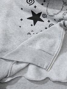 ROMWE MEN Anime Áo hoodie tai thỏ nam, họa tiết tối giản, áo nỉ dài tay - Xám - Xem 8