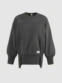 SHEIN Bộ áo nỉ dài tay cổ tròn thoải mái, tối giản, rộng rãi, thiết kế đường may và quần bó cho bé gái tuổi teen - Màu Xám nhạt - Xem 4