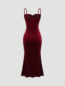 Sweetra Solid Color Spaghetti Strap Ruched Slim Fit Casual Vacation Dress For New Year Holiday Party Clothes Burgundy Maxi Velvet Women Outfit