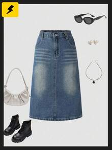 SHEIN Girls' Casual All-Match School Style Simple Washed Light Blue Denim Skirt Fall Winter