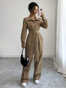 Chiquease Women's Casual Jumpsuit With Pleated Design, Loose Fit Long Sleeve, Suitable For Autumn/Winter, Daily Wear, Commuting, Fashionable