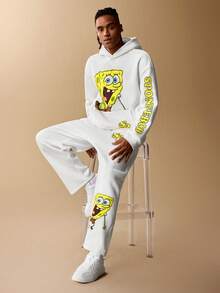 SpongeBob SquarePants | SHEIN Men's Casual Everyday Commute Funny Cute Cartoon Pattern Kangaroo Pocket Thermal Lined Hoodie And Sweatpants Set, Autumn/Winter - White - View 5