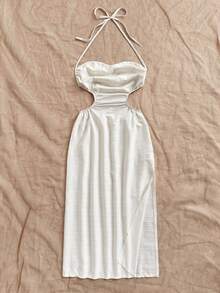 Soleia Vacation Halter Tie Neck Hollow Out High Slit Backless Tie Waist Midi Dress, Blue, Suitable For Vacation, Music Festival, Bohemian, Holiday, Date, Afternoon Tea - Beige - View 7