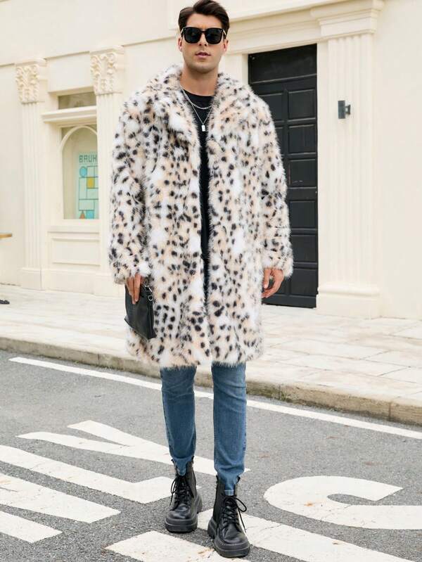 Manfinity Homme Long Faux Fur Leopard Print Thick Warm Overcoat For Men