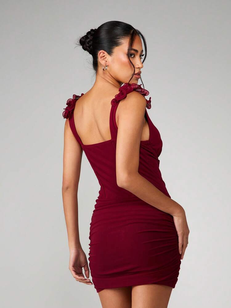 MISSGUIDED Ruffle Shoulder Deep V-Neck Bodycon Mini Dress With Corset Detailing For Party Evening