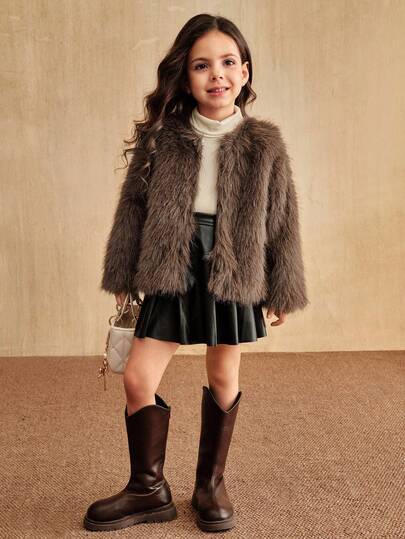SHEIN Elladie kids Young Girl Casual Fluffy Faux Fur Loose Coat, Sophisticated And Chic Urban Fall Winter