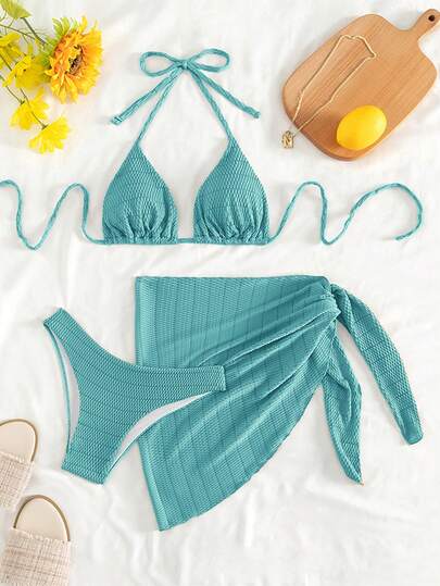 Swim Mod 3pcs Women Summer Beach Vacation Solid Color Textured Fabric Backless Twist Front Bikini Set Women's Beach Fashion  Stylish Clothing Collection Mint Green Textured Fabric Three-Piece Basic Versatile Swimsuit Set