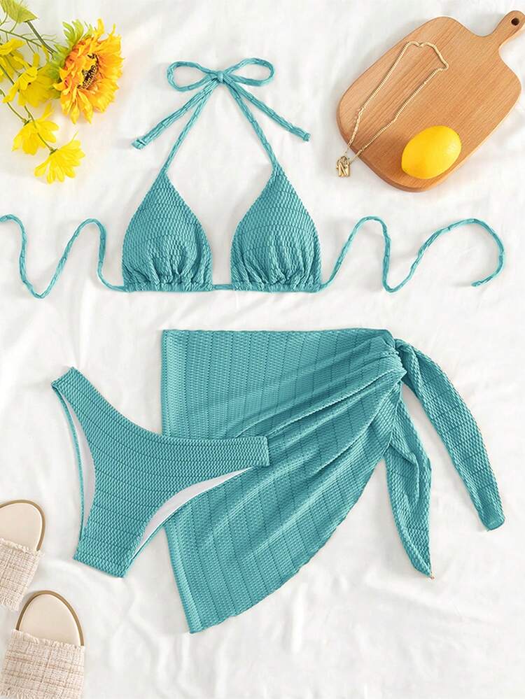 Swim Mod Set de 3 piezas de bikini de mujer para verano y playa con parte superior con nudo delantero y Bottom de unicolor y textura de tela - Neblina azul - Añade 1