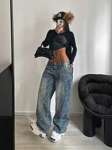 StreetHx 复古水洗低腰阔腿牛仔裤 - 深色水洗藍 - 查看 3