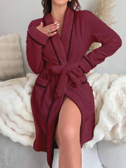 SHEIN Bata de estar por casa de manga larga con envolvente cruzado y ribete de contraste para mujer