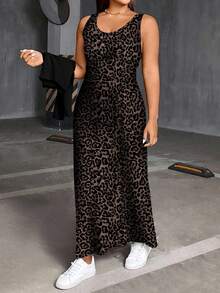 SHEIN Essnce Plus Size Casual Solid Color Long Sleeve Top And Leopard Print Dress 2-Piece Set, Autumn Leopard Skirt Skirt Long Cheetah Skirt/Winter