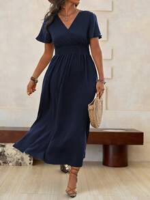 Roveilla Đầm Maxi Dài Màu Trơn Cỡ Lớn Cho Kỳ Nghỉ Hè Có Đường Xẻ Hai Bên Và Thắt Lưng Cho Nữ - Màu xanh hải quân - Xem 5