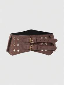 ROMWE Grunge Punk Riñonera estilo punk Y2K de metal negro con remaches, múltiples bolsillos y hebilla metálica ajustable para mujeres - Marrón rojizo - Ver 2