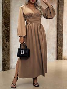 Roveilla 大码休闲纯色灯笼袖侧开衩连衣裙，春秋季女士长款套装 - 摩卡棕 - 查看 5