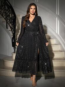 Gownix 大码亮片拼接V领长袖连衣裙 - 黑色 - 查看 10