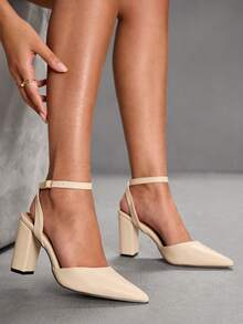 CUCCOO SZL 尖头粗跟露后跟系带百搭优雅性感杏色PU高跟鞋 - 杏色 - 查看 9