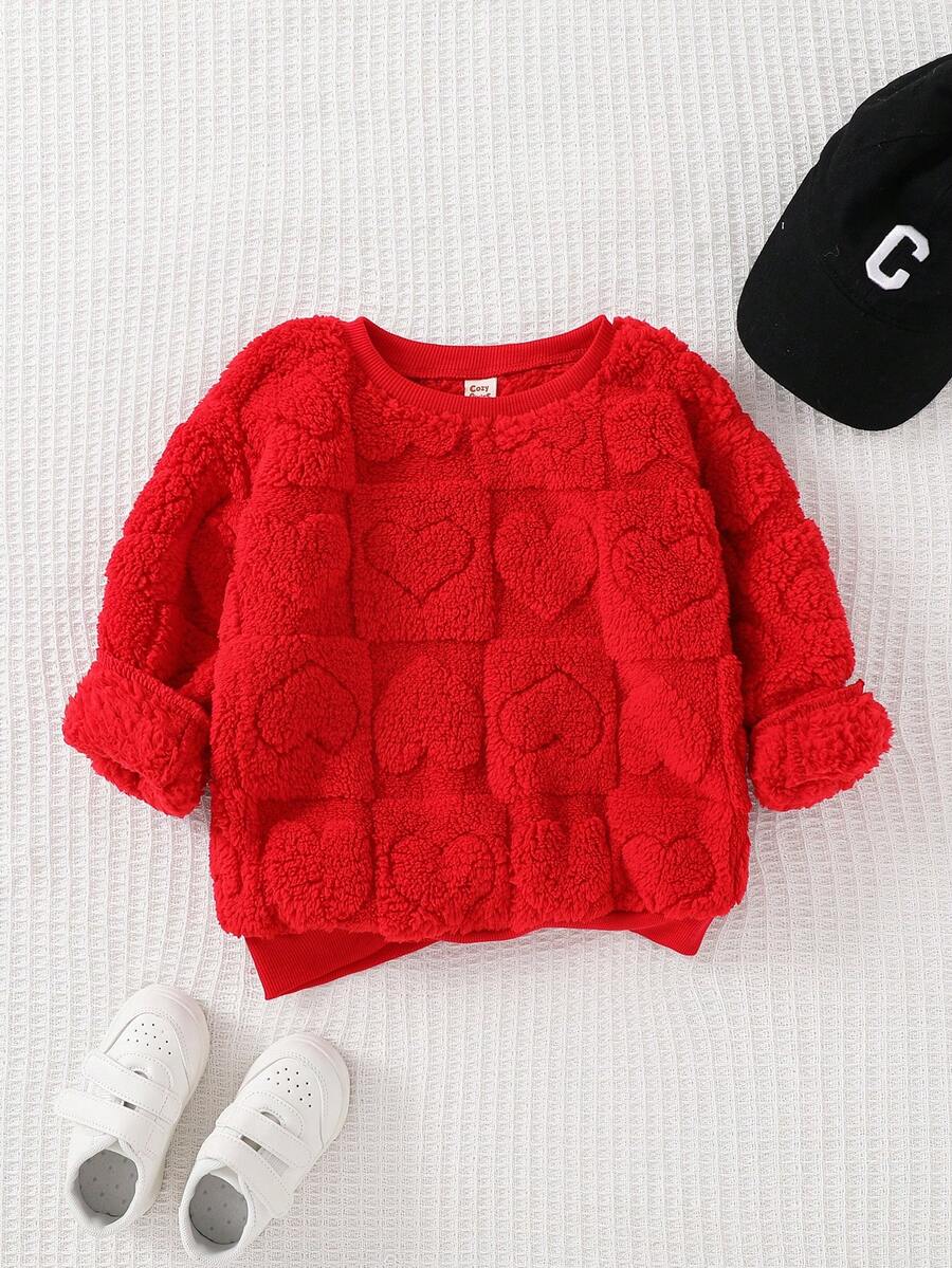 Cozy Pixies 女童抓绒质感加厚圆领长袖套头卫衣，百搭舒适 - 紅色 - 查看 1