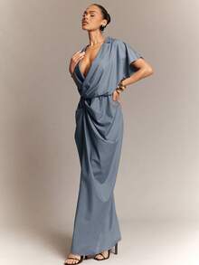 Hauture فستان كاجوال أنيق وجذاب للمكتب للنساء، بأمام منخفض مع كشكشة أمامية وشق خلفي - الأزرق - مشاهدة 5