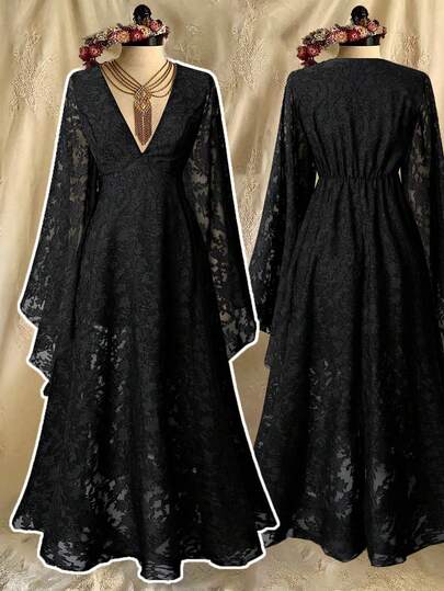 Flirla High-End Luxury French Lace Cutout Texture Fabric Dress,New Fashion Elegant V-Neck Flare Sleeve Black Winter Formal Evening Birthday Gown For Women