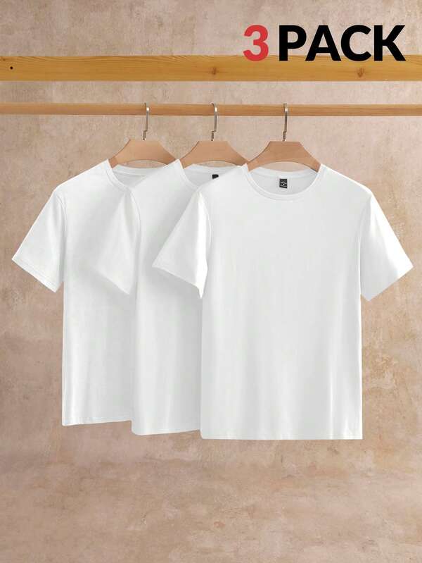 Manfinity NXTstreet 3pcs/Pack Men's Casual Solid Color Knit Short Sleeve T-Shirt, Suitable For Daily Wear White T Shirt Men Pack Plain T Shirts Blank T Shirts Plain Tees