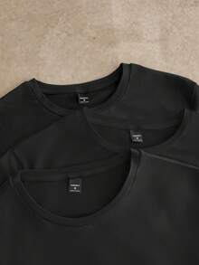 Manfinity NXTstreet Bộ 3 áo thun tay ngắn dệt kim màu trơn thường ngày cho nam, thích hợp mặc hàng ngày, áo cơ bản - màu đen - Xem 3