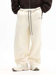 SUMWON 低裆运动裤，侧边饰有织带和品牌标识，休闲舒适，纯色 - 米色 - 查看 2