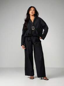MISSGUIDED Bubble Hem Collared Two Piece Coord Set With Belt Detail Wide Leg Palazzo Pants - Black - View 1