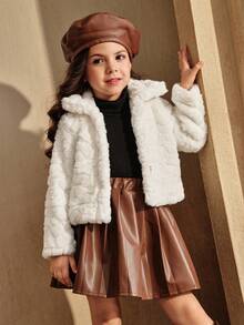 SHEIN Young Girls Beige Faux Fur Long Sleeve Stand Collar Jacket, Fashionable, Warm, Versatile, Comfortable Winter Children Short Coat Fall - White - View 3