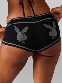 Missguided x Playboy Rhinestone Bunny Triangle Bralette And Matching Shorts Two Piece Set With Contrast Stitching Details - Black - View 6